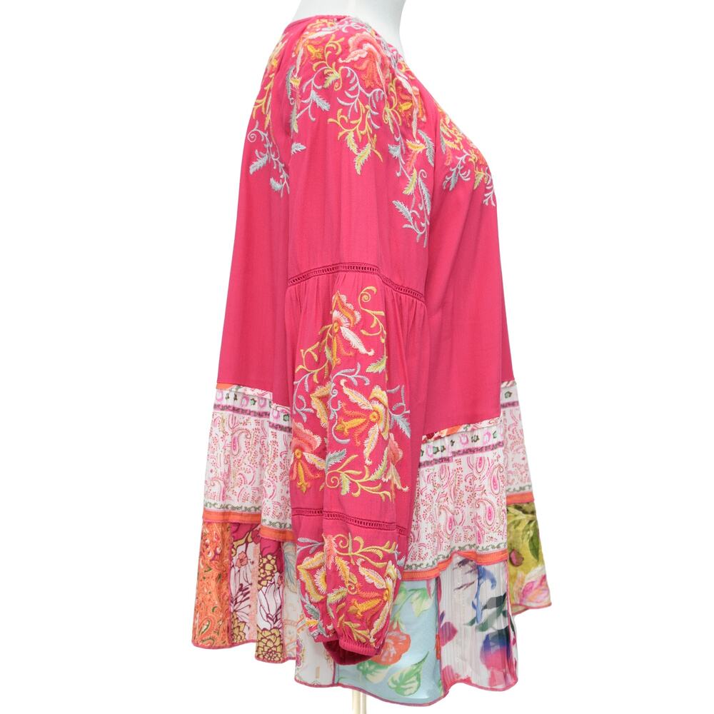 John Mark Fuchsia Embroidered Button-Front Patchwork Tunic - Picture 4 of 13